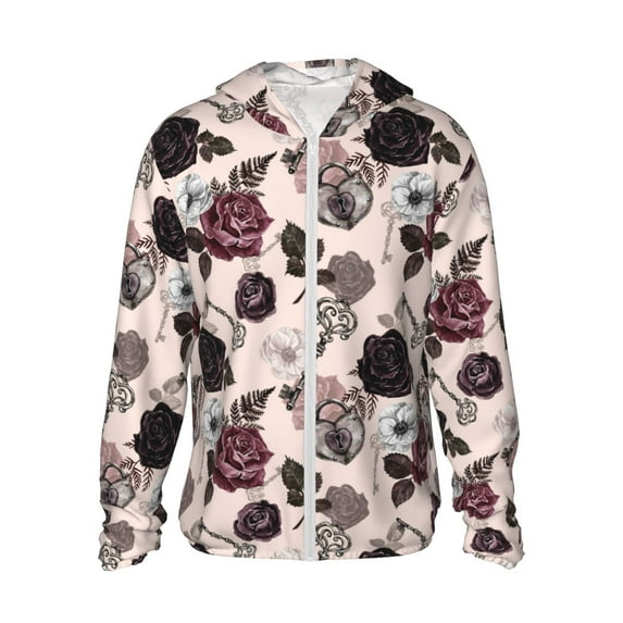 Fotbe Retro Red Black Roses Men's Women's UPF 50+ Sun Protection Jacket Hooded Cooling Shirt with Pockets Hiking Outdoor Performance-X-Large