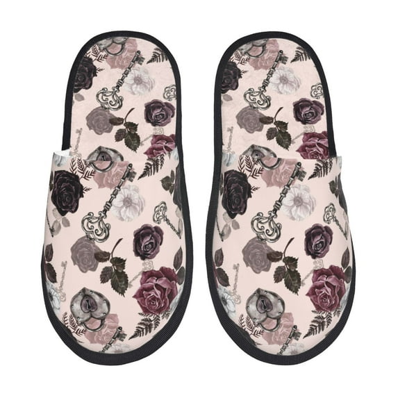 Fotbe Retro Red Black Roses Pattern Women's Fuzzy Slippers Plush Slippers Fluffy Winter House Shoes Indoor and Outdoor-Medium