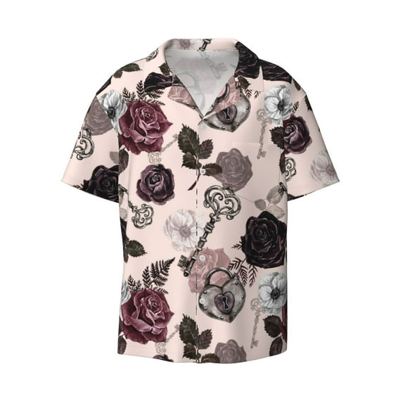 Fotbe Retro Red Black Roses print Short Sleeve Button Down Shirts for Men Casual Summer Beach Wrinkle Free Shirt-X-Large