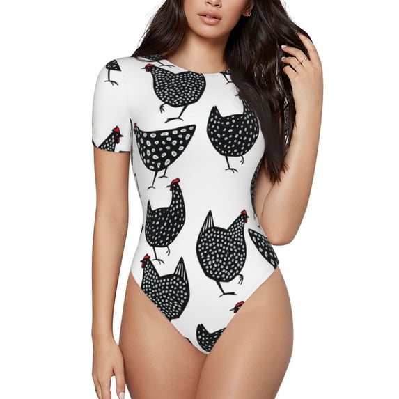 Fotbe Retro Rooster Women's Crew Neck Short Sleeves Bodysuit Tops Round Neck Slim Sleeveless Soft Comfortable Basic-XX-Large