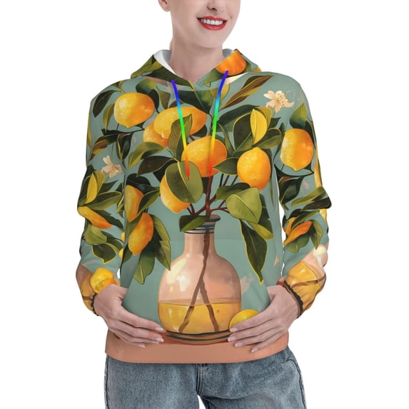 Fotbe Retro Warm Lemon Flower Pattern Womens Long Sleeve Hoodie, Pullover Hooded Sweatshirt, Kangaroo Pocket Hoodie with Eye-catching Drawstrings-X-Large