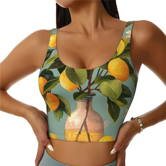 Fotbe Retro Warm Lemon Flower Pattern Womens' Sports Bra Longline Wirefree Padded with Medium Support Sports Moisture-Wicking Workou Vest,Tank Top-XX-Large