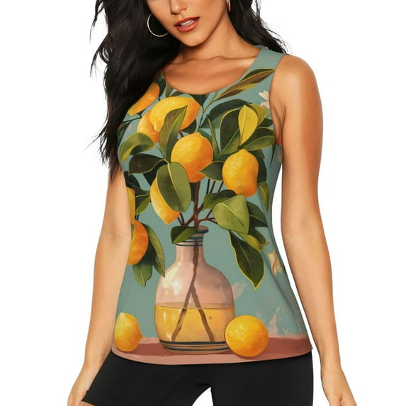 Fotbe Retro Warm Lemon Flower Womens Loose Fit Casual Flowy Slim-Fit Tank Tops Athletic Round Neck Trendy Sleeveless Summer Tops for Gym and Yoga-XX-Large