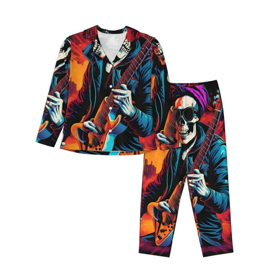 Fotbe Rock Skull Singer Pattern Long Sleeve Pajama Set for Women,Sleepwear Set,2-piece Loungewear Set,Soft PJs Comfy Nightwear with Pockets -Large