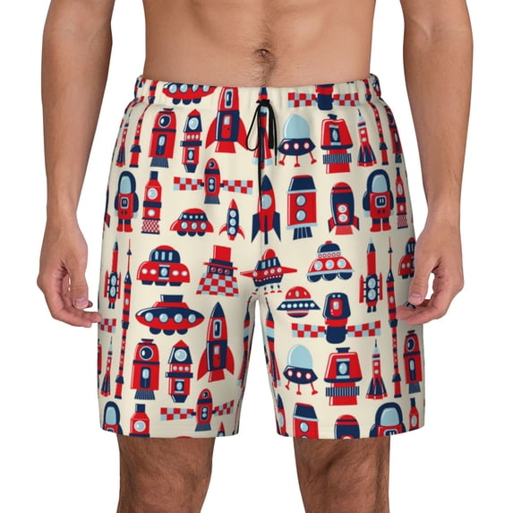 Fotbe Rocket Pattern Men’s Swim Trunks Quick Dry Swim Shorts Board Shorts with Mesh Lining-Medium