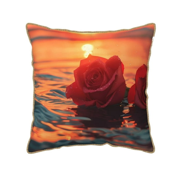 Fotbe Romantic Roses Sunset Ocean Pattern Velvet Decorative Throw Pillow Covers with Elegant Piping, Soft Plush Cushion Cover for Sofa, Bed, Car, Office-20"x20"