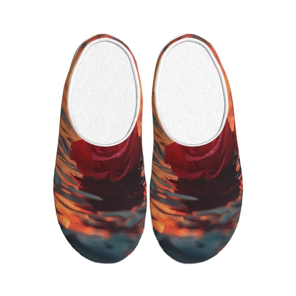 Fotbe Romantic Roses Sunset Ocean Pattern Women's Fuzzy Curly Fur Memory Foam Loafer Slippers Indoor Outdoor Slippers Winter Home Shoes-35/36