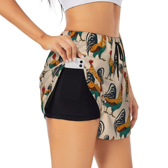 Fotbe Rooster Womens High Waist Running Shorts Athletic Workout Quick Dry Shorts for Women with Pockets Gym Yoga Summer Shorts-Small