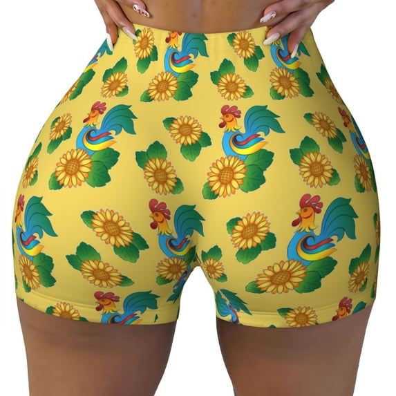 Fotbe Roosters And Sunflowers Seamless Shorts, Womens Workout Shorts High Waist Stretch Booty Short for Gym/Yoga/Running/Biking-Medium