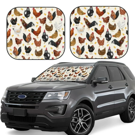 Fotbe Roosters and Chickens 2-Piece Car Windshield Sun Shade | Sun Blocker for Car Windshield | Foldable Automotive Interior Accessories for Sun Protection-Large