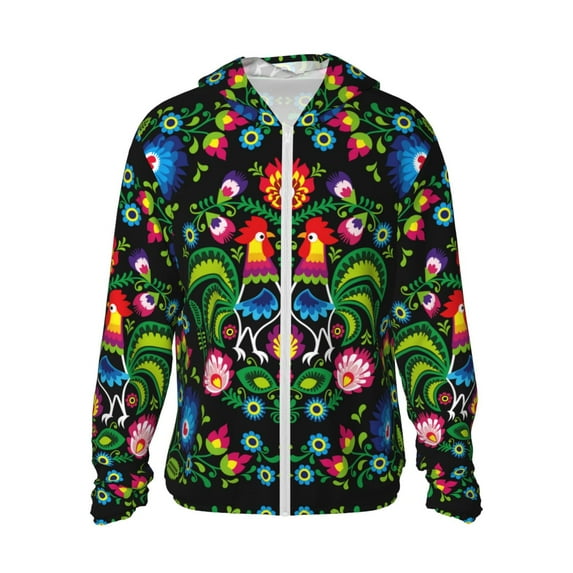 Fotbe Roosters and Flowers Men's Women's UPF 50+ Sun Protection Jacket Hooded Cooling Shirt with Pockets Hiking Outdoor Performance-Small