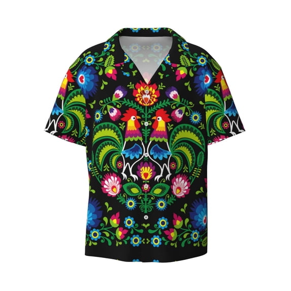 Fotbe Roosters and Flowers print Short Sleeve Button Down Shirts for Men Casual Summer Beach Wrinkle Free Shirt-Medium