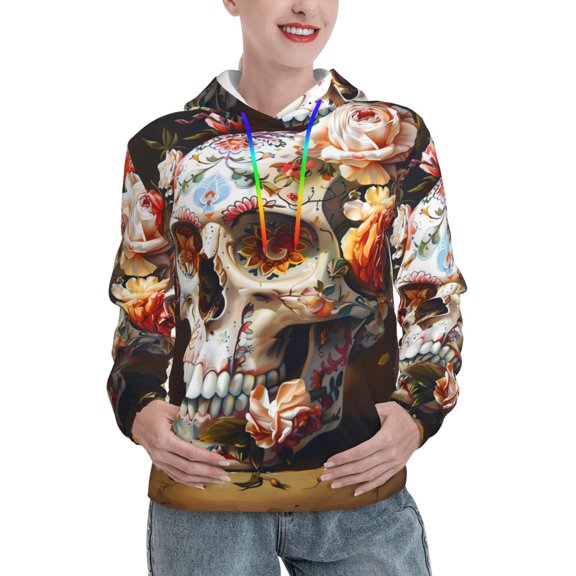 Fotbe Rose Floral Skull Pattern Womens Long Sleeve Hoodie, Pullover Hooded Sweatshirt, Kangaroo Pocket Hoodie with Eye-catching Drawstrings-X-Large