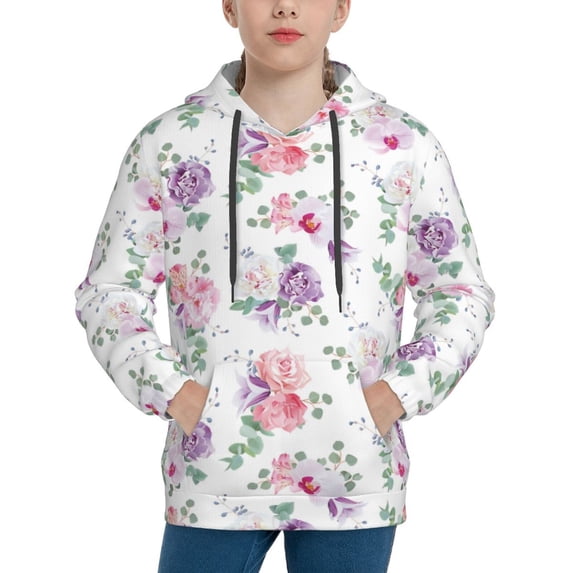 Fotbe Rose Flower B Pattern Youth Pullover Hooded Sweatshirt, Boys Hoodie, Kangaroo Pocket Hoodie for Kids Girls -Large