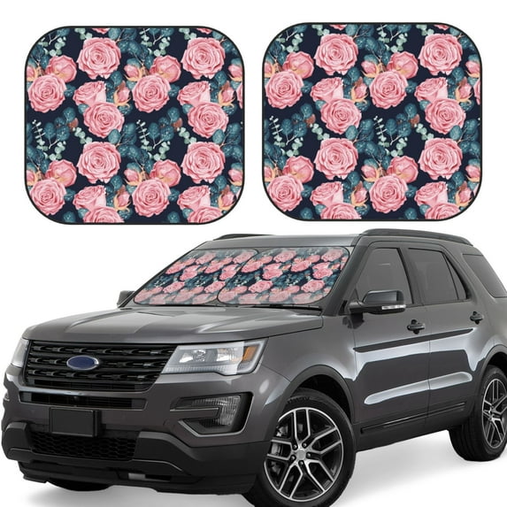 Fotbe Rose Flowers 2-Piece Car Windshield Sun Shade | Sun Blocker for Car Windshield | Foldable Automotive Interior Accessories for Sun Protection-Small