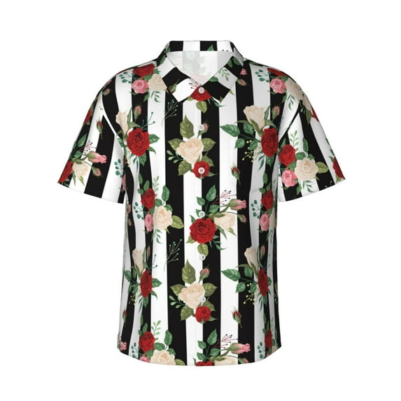 Fotbe Rose Flowers Hawaiian Shirt for Men Unisex Summer Beach Casual Short Sleeve Cotton Linen Button Down Shirts-Large