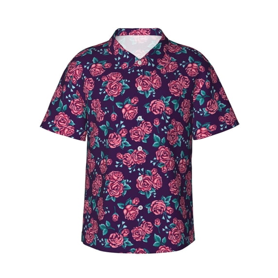 Fotbe Rose Flowers Hawaiian Shirt for Men Unisex Summer Beach Casual Short Sleeve Cotton Linen Button Down Shirts-Medium