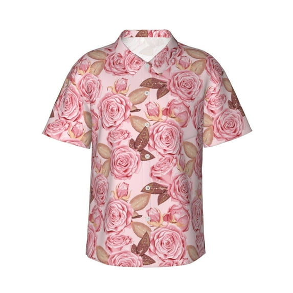 Fotbe Rose Flowers Hawaiian Shirt for Men Unisex Summer Beach Casual Short Sleeve Cotton Linen Button Down Shirts-Medium