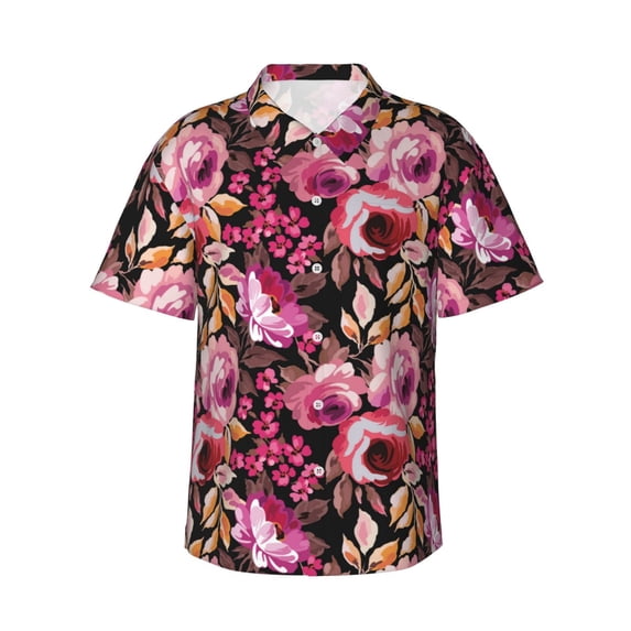 Fotbe Rose Flowers Hawaiian Shirt for Men Unisex Summer Beach Casual Short Sleeve Cotton Linen Button Down Shirts-Small