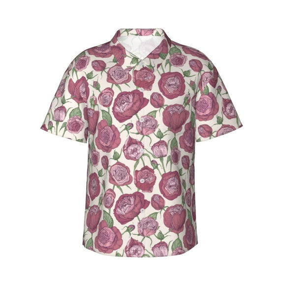 Fotbe Rose Flowers Hawaiian Shirt for Men Unisex Summer Beach Casual Short Sleeve Cotton Linen Button Down Shirts-Small