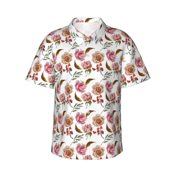 Fotbe Rose Flowers Hawaiian Shirt for Men Unisex Summer Beach Casual Short Sleeve Cotton Linen Button Down Shirts-X-Large
