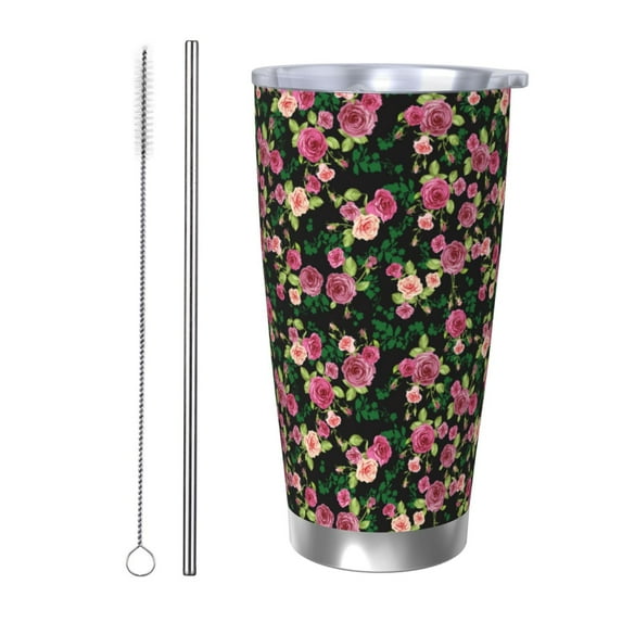 Fotbe Rose Flowers Pattern 20 oz Tumbler Stainless Steel Vacuum Insulated Coffee Ice Cup Double Wall Travel Flask Leak-proof Coffee Cup-Straw Two-piece Set