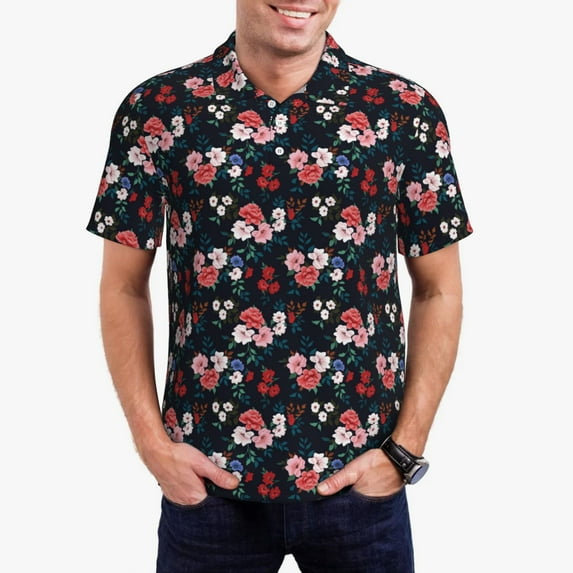Fotbe Rose Flowers Pattern Men’s Golf Polo Shirt – Breathable Performance Golf Shirt with Button-Down Collar-Large