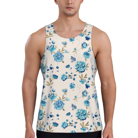Fotbe Rose Flowers Pattern Men's Quick Dry Workout Tank Top Gym Muscle Tee Fitness Bodybuilding Sleeveless T Shirt Breathable Workout Shirt-Large