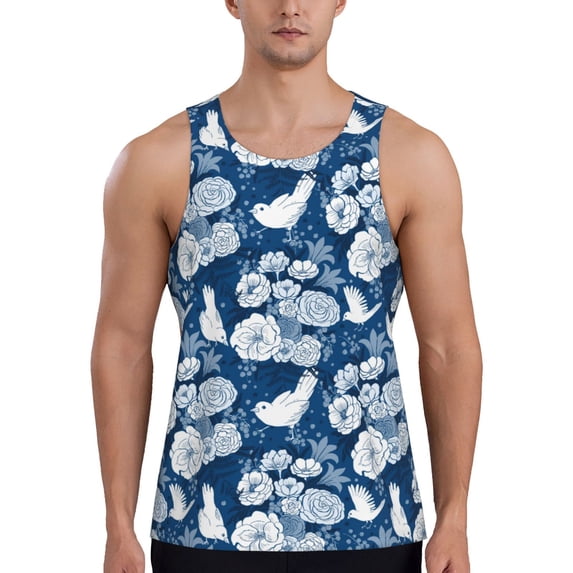 Fotbe Rose Flowers Pattern Men's Quick Dry Workout Tank Top Gym Muscle Tee Fitness Bodybuilding Sleeveless T Shirt Breathable Workout Shirt-Large