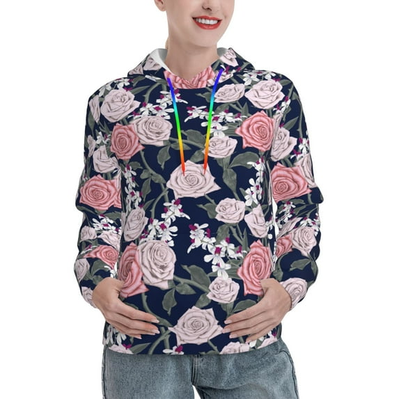 Fotbe Rose Flowers Pattern Womens Long Sleeve Hoodie, Pullover Hooded Sweatshirt, Kangaroo Pocket Hoodie with Eye-catching Drawstrings-Medium