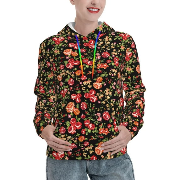 Fotbe Rose Flowers Pattern Womens Long Sleeve Hoodie, Pullover Hooded Sweatshirt, Kangaroo Pocket Hoodie with Eye-catching Drawstrings-Medium