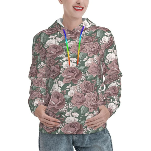 Fotbe Rose Flowers Pattern Womens Long Sleeve Hoodie, Pullover Hooded Sweatshirt, Kangaroo Pocket Hoodie with Eye-catching Drawstrings-XX-Large