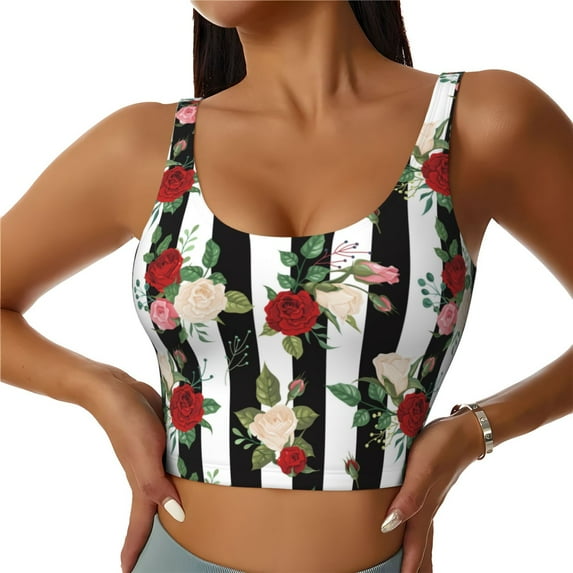 Fotbe Rose Flowers Pattern Womens' Sports Bra Longline Wirefree Padded with Medium Support Sports Moisture-Wicking Workou Vest,Tank Top-Large