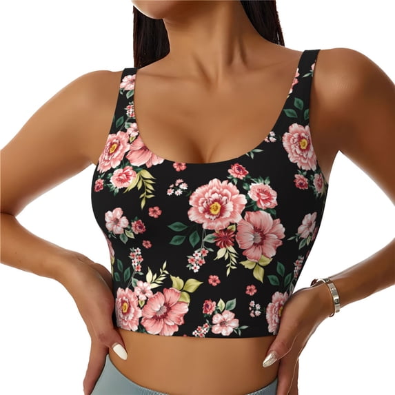 Fotbe Rose Flowers Pattern Womens' Sports Bra Longline Wirefree Padded with Medium Support Sports Moisture-Wicking Workou Vest,Tank Top-XX-Large
