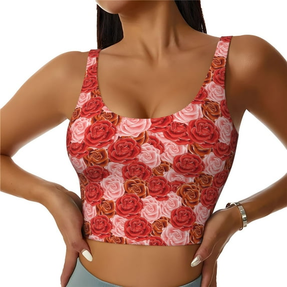 Fotbe Rose Flowers Pattern Womens' Sports Bra Longline Wirefree Padded with Medium Support Sports Moisture-Wicking Workou Vest,Tank Top-XX-Large