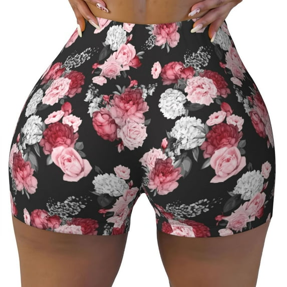 Fotbe Rose Flowers Seamless Shorts, Womens Workout Shorts High Waist Stretch Booty Short for Gym/Yoga/Running/Biking-Medium