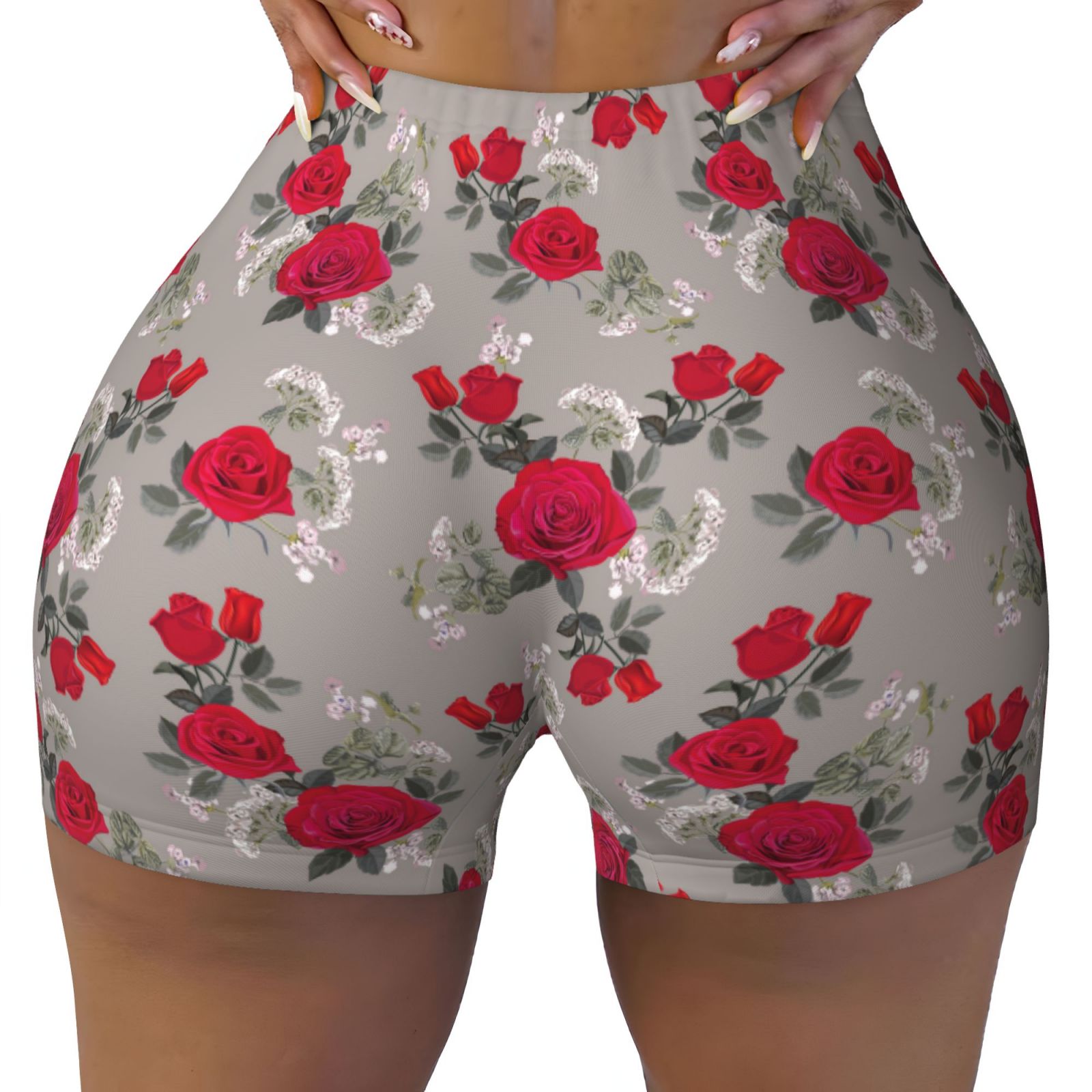Fotbe Rose Flowers Seamless Shorts, Womens Workout Shorts High Waist