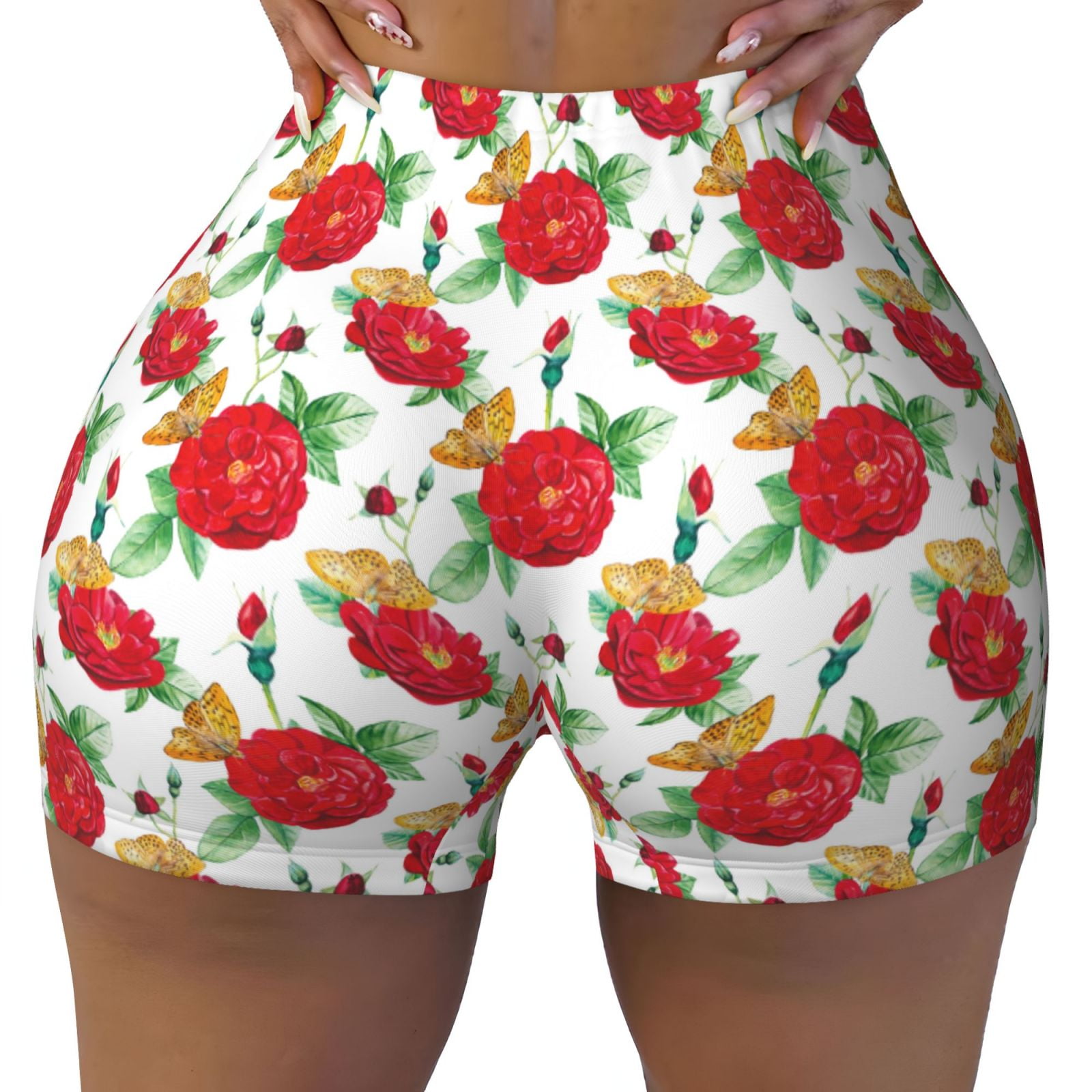 Fotbe Rose Flowers Seamless Shorts, Womens Workout Shorts High Waist