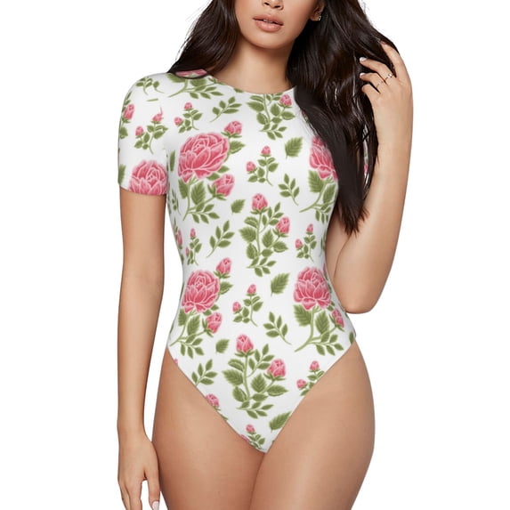 Fotbe Rose Flowers Women's Crew Neck Short Sleeves Bodysuit Tops Round Neck Slim Sleeveless Soft Comfortable Basic-Large