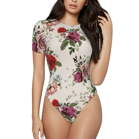 Fotbe Rose Flowers Women's Crew Neck Short Sleeves Bodysuit Tops Round Neck Slim Sleeveless Soft Comfortable Basic-Large