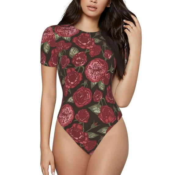 Fotbe Rose Flowers Women's Crew Neck Short Sleeves Bodysuit Tops Round Neck Slim Sleeveless Soft Comfortable Basic-Large