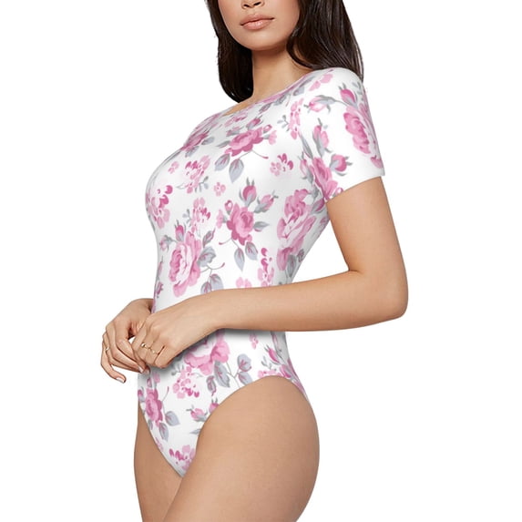 Fotbe Rose Flowers Women's Crew Neck Short Sleeves Bodysuit Tops Round Neck Slim Sleeveless Soft Comfortable Basic-Medium