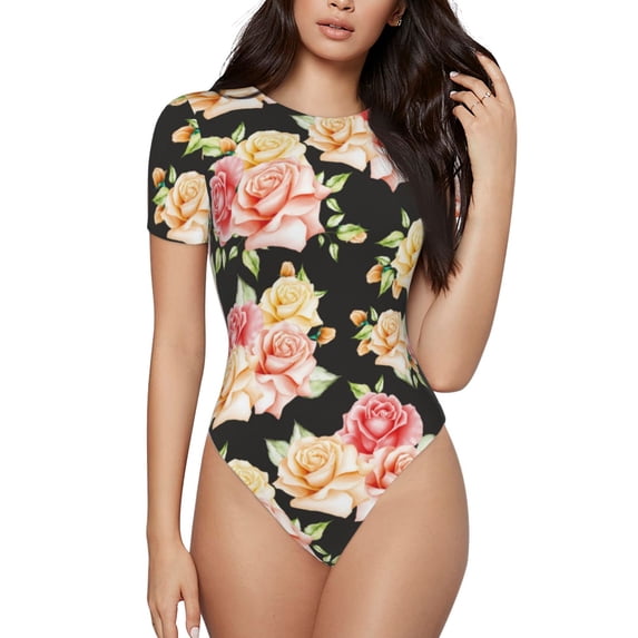 Fotbe Rose Flowers Women's Crew Neck Short Sleeves Bodysuit Tops Round Neck Slim Sleeveless Soft Comfortable Basic-Medium