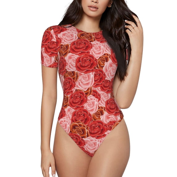 Fotbe Rose Flowers Women's Crew Neck Short Sleeves Bodysuit Tops Round Neck Slim Sleeveless Soft Comfortable Basic-Small