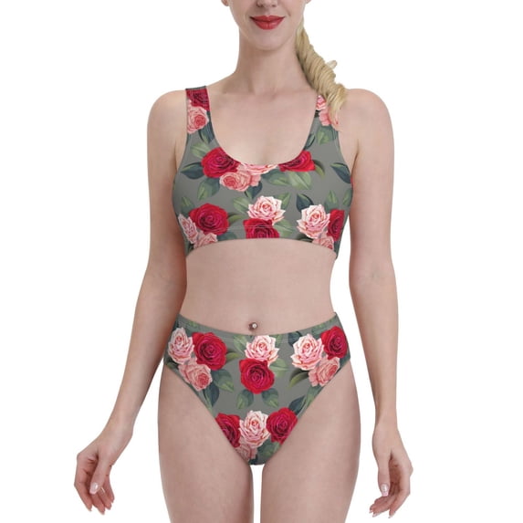 Fotbe Rose Flowers Women's High Waisted Bikini Tankini Sets Two Piece Bathing Suits High Cut Scoop Neck Swimsuit-Large