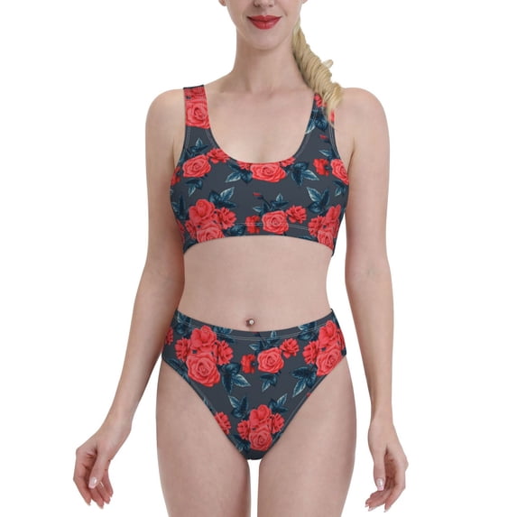 Fotbe Rose Flowers Women's High Waisted Bikini Tankini Sets Two Piece Bathing Suits High Cut Scoop Neck Swimsuit-XX-Large