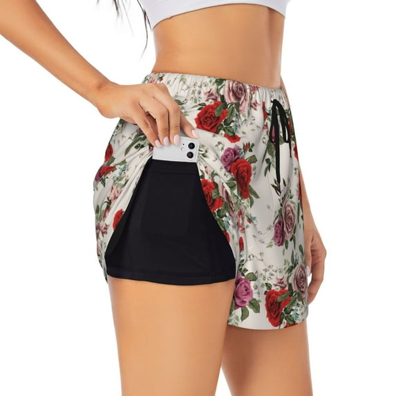 Fotbe Rose Flowers Womens High Waist Running Shorts Athletic Workout Quick Dry Shorts for Women with Pockets Gym Yoga Summer Shorts-Medium