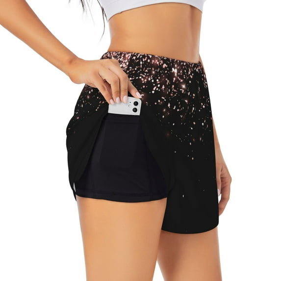 Fotbe Rose Gold Glitter1 Womens High Waist Running Shorts Athletic Workout Quick Dry Shorts for Women with Pockets Gym Yoga Summer Shorts-X-Large