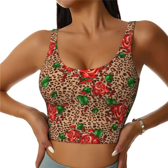 Fotbe Rose Mix Leopard 1 Pattern Womens' Sports Bra Longline Wirefree Padded with Medium Support Sports Moisture-Wicking Workou Vest,Tank Top-