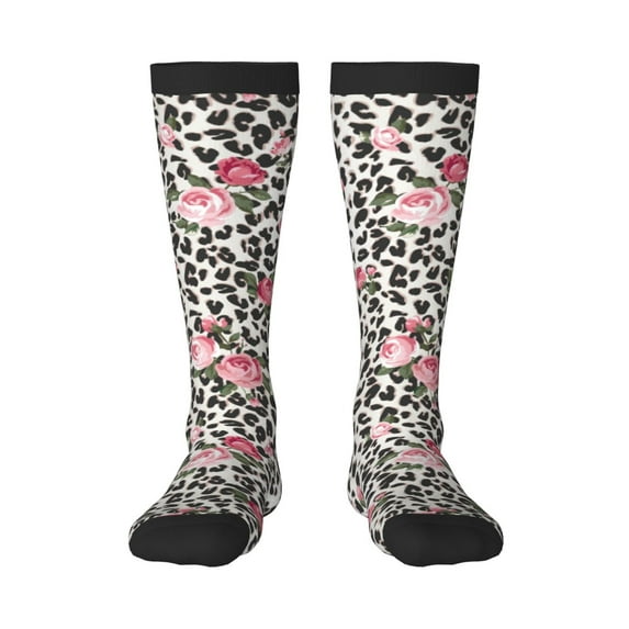 Fotbe Rose Mix Leopard 3 print Women's Men's Novelty Crew Socks Cotton Socks Knee High Socks for Walking,Running,Nurses,Pregnancy